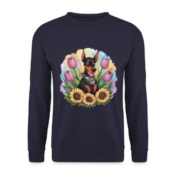 Doberman Pinscher with Sunflowers and Tulips - Unisex Sweatshirt - navy - Front - Alina (178cm) & Michal (187cm)