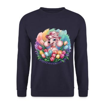 Cartoon Pudel Hund mit Orchideen - Unisex Pullover - Navy - Vorne - Alina (178cm) & Michal (187cm)