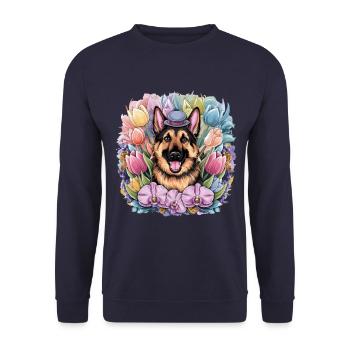Cartoon German Shepherd with Orchids - Unisex Sweatshirt - navy - Front - Alina (178cm) & Michal (187cm)