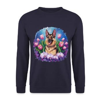Cartoon German Shepherd with Orchids - Unisex Sweatshirt - navy - Front - Alina (178cm) & Michal (187cm)