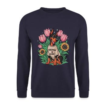 Doberman Pinscher with Sunflowers and Tulips - Unisex Sweatshirt - navy - Front - Alina (178cm) & Michal (187cm)