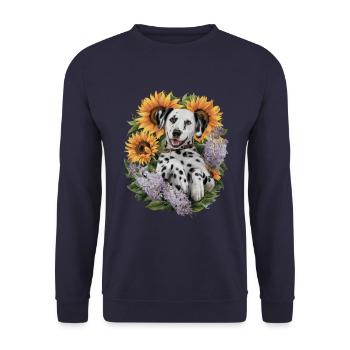 Süßer Dalmatiner mit Sonnenblumen und Flieder - Unisex Pullover - Navy - Vorne - Alina (178cm) & Michal (187cm)