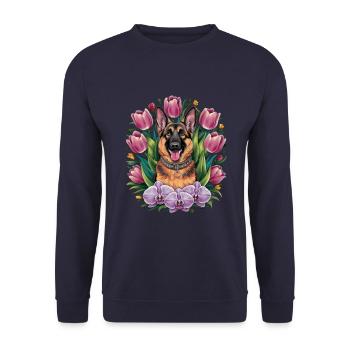 Cartoon German Shepherd with Orchids - Unisex Sweatshirt - navy - Front - Alina (178cm) & Michal (187cm)