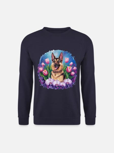 Cartoon deutscher Schäferhund mit Orchideen - Unisex Pullover - Navy
