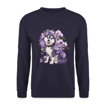 Cute cartoon husky with pretty orchids - Unisex Sweatshirt - navy - Front - Alina (178cm) & Michal (187cm)