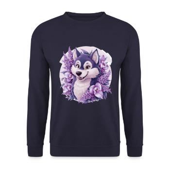 Cute cartoon husky with pretty orchids - Unisex Sweatshirt - navy - Front - Alina (178cm) & Michal (187cm)