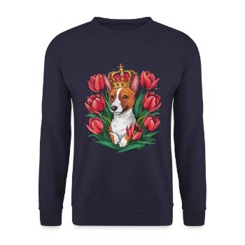 Cartoon Basenji Dog with Crown and Tulips - Unisex Sweatshirt - navy - Front - Alina (178cm) & Michal (187cm)
