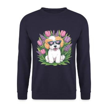 NBichon Frisé mit Tulpen und Flieder - Unisex Pullover - Navy - Vorne - Alina (178cm) & Michal (187cm)