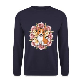 Basenji Hund mit Rosen und Lillien - Unisex Pullover - Navy - Vorne - Alina (178cm) & Michal (187cm)