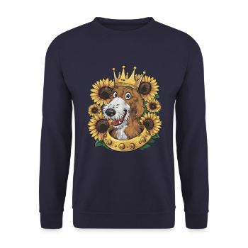 Irischer Wolfshund, Krone und Sonnenblumen - Unisex Pullover - Navy - Vorne - Alina (178cm) & Michal (187cm)