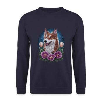 Norwegian Elkhound with Tulips and Flowers - Unisex Sweatshirt - navy - Front - Alina (178cm) & Michal (187cm)