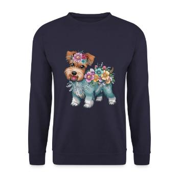Cute cartoon terrier with colorful flowers - Unisex Sweatshirt - navy - Front - Alina (178cm) & Michal (187cm)