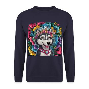 Motif coloré avec husky et de belles fleurs - Sweat-shirt Unisexe - marine - Devant - Alina (178cm) & Michal (187cm)