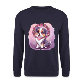 Cartoon Australian Shepherd Dog with Roses - Unisex Sweatshirt - navy - Front - Alina (178cm) & Michal (187cm)