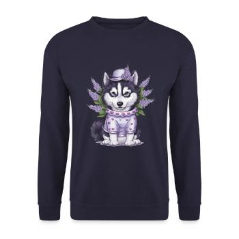 Cute cartoon husky with lilac - Unisex Sweatshirt - navy - Front - Alina (178cm) & Michal (187cm)