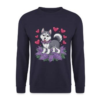 Süßer Cartoon Husky mit Flieder - Unisex Pullover - Navy - Vorne - Alina (178cm) & Michal (187cm)