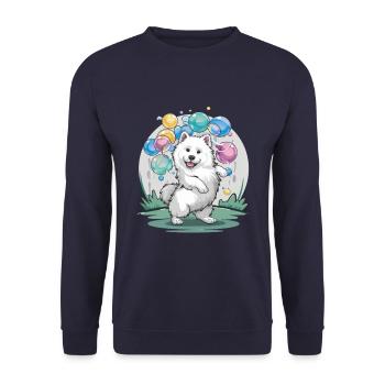 Chien Samoyède avec des bulles de savon - Sweat-shirt Unisexe - marine - Devant - Alina (178cm) & Michal (187cm)