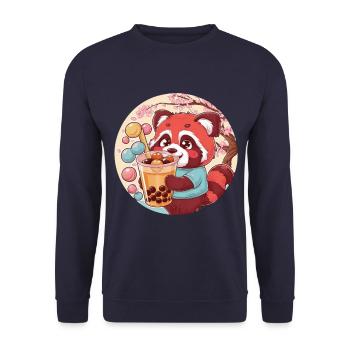 Roter Kawaii Panda mit Bubble Tea - Unisex Pullover - Navy - Vorne - Alina (178cm) & Michal (187cm)