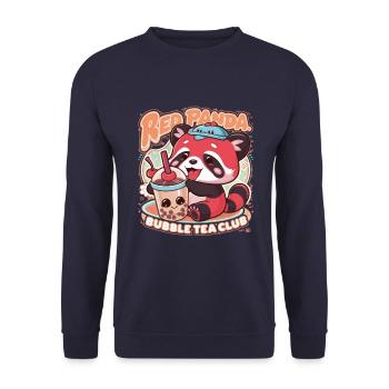 Roter Kawaii Panda mit Bubble Tea - Unisex Pullover - Navy - Vorne - Alina (178cm) & Michal (187cm)