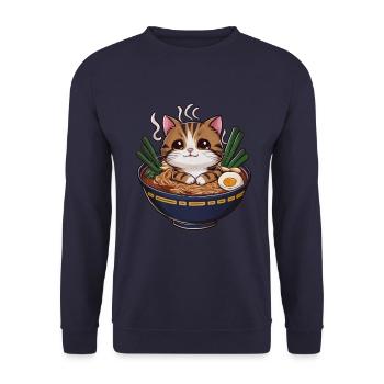 Kawaii Katze mit Ramen Schüssel - Unisex Pullover - Navy - Vorne - Alina (178cm) & Michal (187cm)