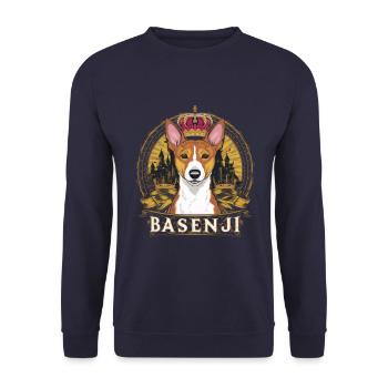 Cartoon Basenji dog with crown and lock - Unisex Sweatshirt - navy - Front - Alina (178cm) & Michal (187cm)