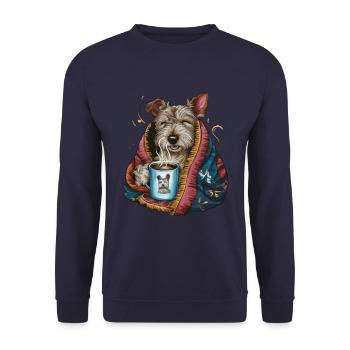 Dandie Dinmont Terrier with Blanket and Coffee Mug - Unisex Sweatshirt - navy - Front - Alina (178cm) & Michal (187cm)
