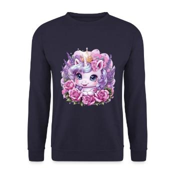 Süßes Einhorn mit Lavendel und Rosen - Unisex Pullover - Navy - Vorne - Alina (178cm) & Michal (187cm)