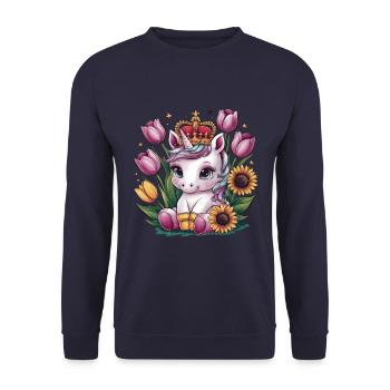Kawaii unicorn with crown, tulips and sunflowers - Unisex Sweatshirt - navy - Front - Alina (178cm) & Michal (187cm)