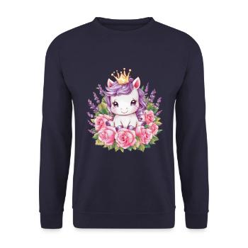 Süßes Einhorn mit Lavendel und Rosen - Unisex Pullover - Navy - Vorne - Alina (178cm) & Michal (187cm)