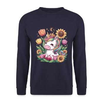 Kawaii unicorn with crown, tulips and sunflowers - Unisex Sweatshirt - navy - Front - Alina (178cm) & Michal (187cm)
