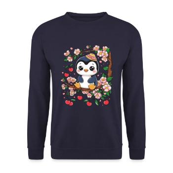 Cartoon Kawaii Pinguin mit Kirschen - Unisex Pullover - Navy - Vorne - Alina (178cm) & Michal (187cm)