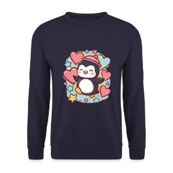 Cartoon Kawaii Pinguin mit Herzen und Sternen - Unisex Pullover - Navy - Vorne - Alina (178cm) & Michal (187cm)