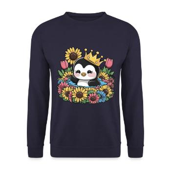 Kawaii Penguin with Crown, Tulips and Sunflowers - Unisex Sweatshirt - navy - Front - Alina (178cm) & Michal (187cm)