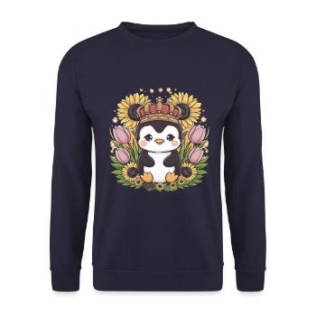 Kawaii Penguin with Crown, Tulips and Sunflowers - Unisex Sweatshirt - navy - Front - Alina (178cm) & Michal (187cm)