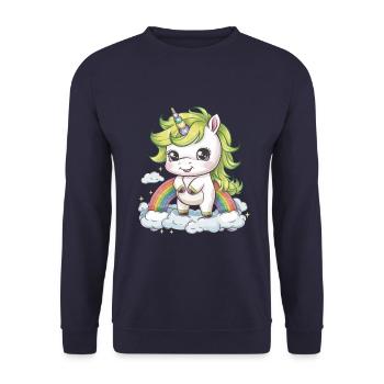 Niedliches Einhorn mit Regenbogen im Kawaii Look - Unisex Pullover - Navy - Vorne - Alina (178cm) & Michal (187cm)