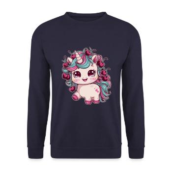 Cooles Kawaii Einhorn mit Kirschen - Unisex Pullover - Navy - Vorne - Alina (178cm) & Michal (187cm)