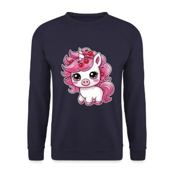 Cooles Kawaii Einhorn mit Kirschen - Unisex Pullover - Navy - Vorne - Alina (178cm) & Michal (187cm)