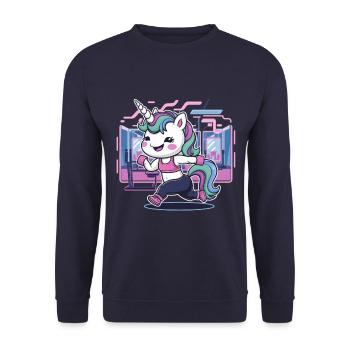 Fitness Einhorn macht Fitness Pose - Unisex Pullover - Navy - Vorne - Alina (178cm) & Michal (187cm)