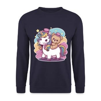 Kawaii Einhorn mit süßen Teddybär - Unisex Pullover - Navy - Vorne - Alina (178cm) & Michal (187cm)