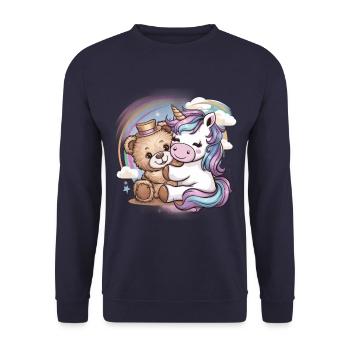 Kawaii Einhorn mit süßen Teddybär - Unisex Pullover - Navy - Vorne - Alina (178cm) & Michal (187cm)