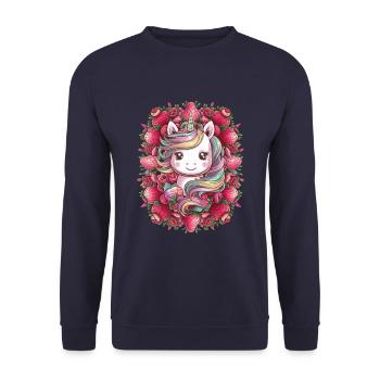 Kawaii Einhorn mit Erdbeeren und Rosen - Unisex Pullover - Navy - Vorne - Alina (178cm) & Michal (187cm)