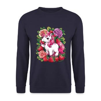 Kawaii Einhorn mit Erdbeeren und Rosen - Unisex Pullover - Navy - Vorne - Alina (178cm) & Michal (187cm)
