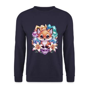 Cartoon Kawaii Fuchs mit farbenfrohen Blumen - Unisex Pullover - Navy - Vorne - Alina (178cm) & Michal (187cm)