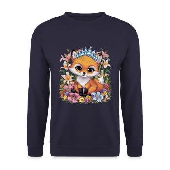 Cartoon Kawaii Fuchs mit farbenfrohen Blumen - Unisex Pullover - Navy - Vorne - Alina (178cm) & Michal (187cm)