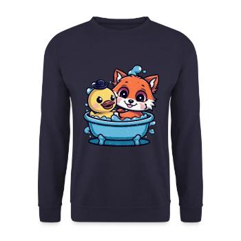 Kawaii Fuchs im Cartoon Stil mit Quietscheente - Unisex Pullover - Navy - Vorne - Alina (178cm) & Michal (187cm)