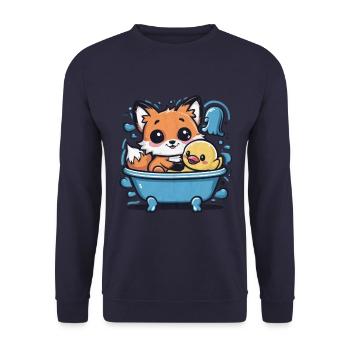 Kawaii Fuchs im Cartoon Stil mit Quietscheente - Unisex Pullover - Navy - Vorne - Alina (178cm) & Michal (187cm)