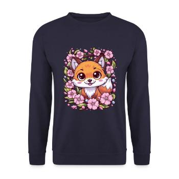 Kawaii Fox with Sakura Cherry Blossoms - Unisex Sweatshirt - navy - Front - Alina (178cm) & Michal (187cm)