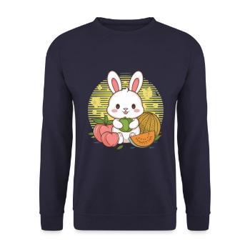 Kawaii Hase mit Pfirsichen und Melonen - Unisex Pullover - Navy - Vorne - Alina (178cm) & Michal (187cm)