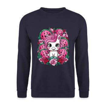 Kawaii Einhorn mit Rosen und Melone - Unisex Pullover - Navy - Vorne - Alina (178cm) & Michal (187cm)