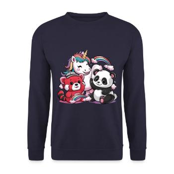 Kawaii Einhorn mit roten Panda und großem Panda - Unisex Pullover - Navy - Vorne - Alina (178cm) & Michal (187cm)